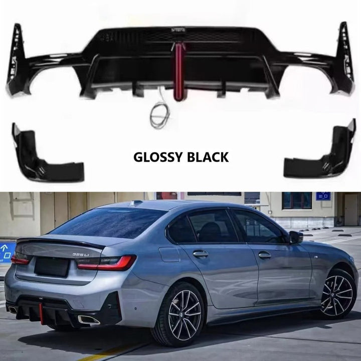Car Craft Compatible With Bmw 3 Series G20 Lci 2023+ M Sport Rear Bumper Diffuser After Lip Splitter Skirs Vten Style With Light Black - CAR CRAFT INDIA