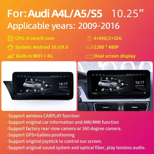 Android 10 IPS Touch Screen 10.25 Inch Car GPS Navigation Radio DVD Multimedia Player for Audi A4 A4L A5 S5 2009-2016
