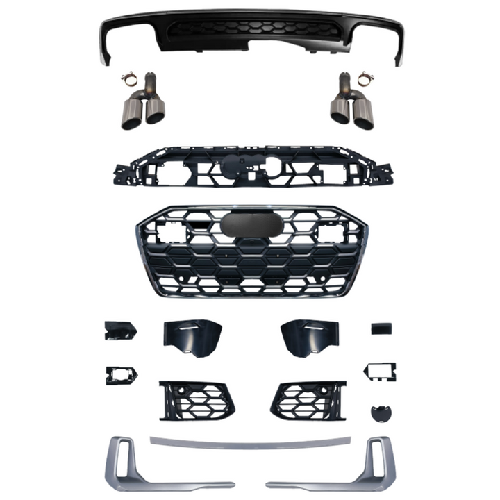 Car Craft Compatible With Audi A6 C8 2019-2025 Upgraded Facelift Convert To S6 Sport Bodykit Front Grill Lip Fog Grill Diffuser Lip Skirt Trim Exhaust Pipe Tip Silvery Grille Acc Style All Logo Silver A6-104 Gc