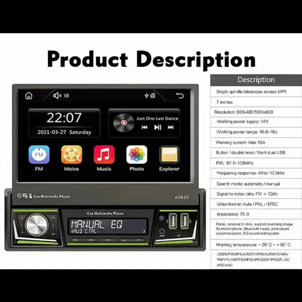 1 Din Android 10 Car Radio Autoradio 7’’ Retractable