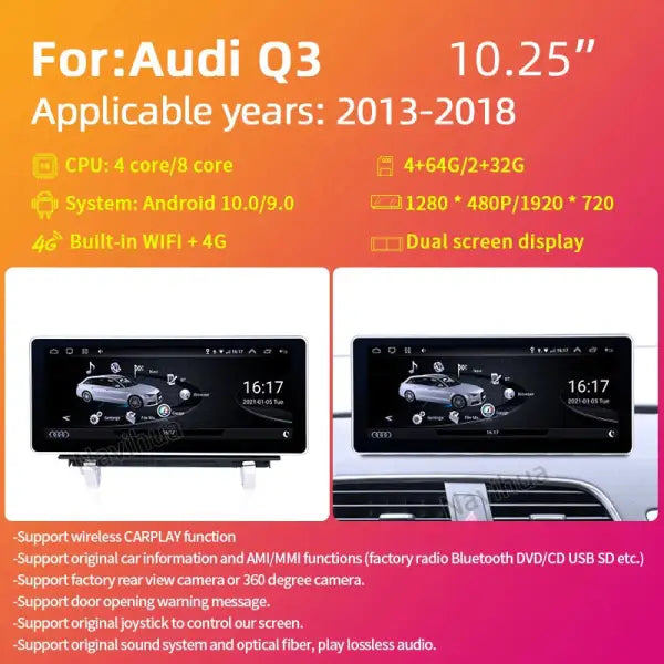 10.25 Inch Autoradio GPS Navigation Anti-Glare Android 10 8Core Car DVD Player for Audi Q3 2013-2018