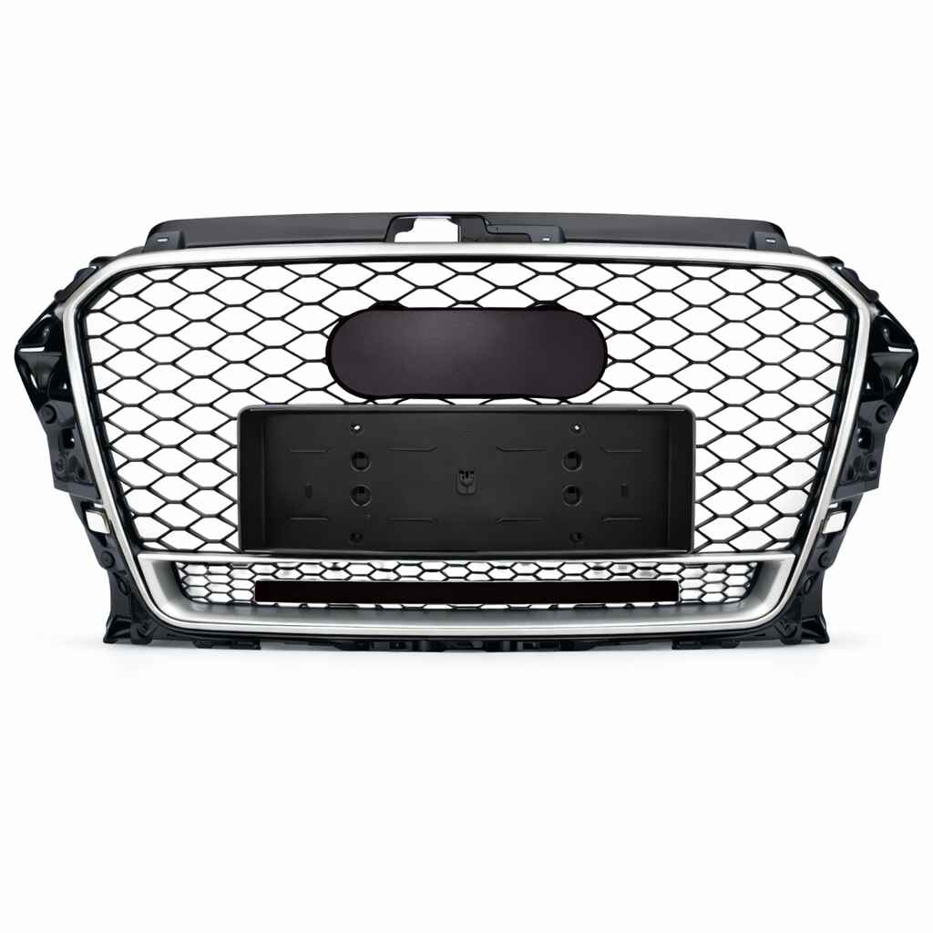 Car Craft Compatible With Audi A3 2014-2016 Upgraded Front Bumper Show Grill Rs3 S3 Rs Sport Style Silver Frame Black Mesh All Logo Silver Quattro A3-004 Gc - CAR CRAFT INDIA