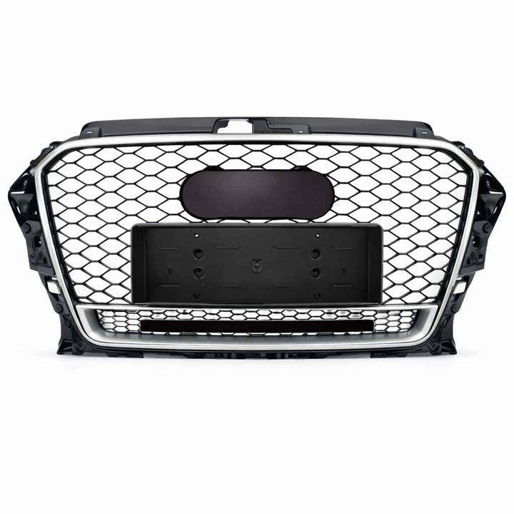 Car Craft Compatible With Audi A3 2014-2016 Upgraded Front Bumper Show Grill Rs3 S3 Rs Sport Style Silver Frame Black Mesh All Logo Silver Quattro A3-004 Gc - CAR CRAFT INDIA