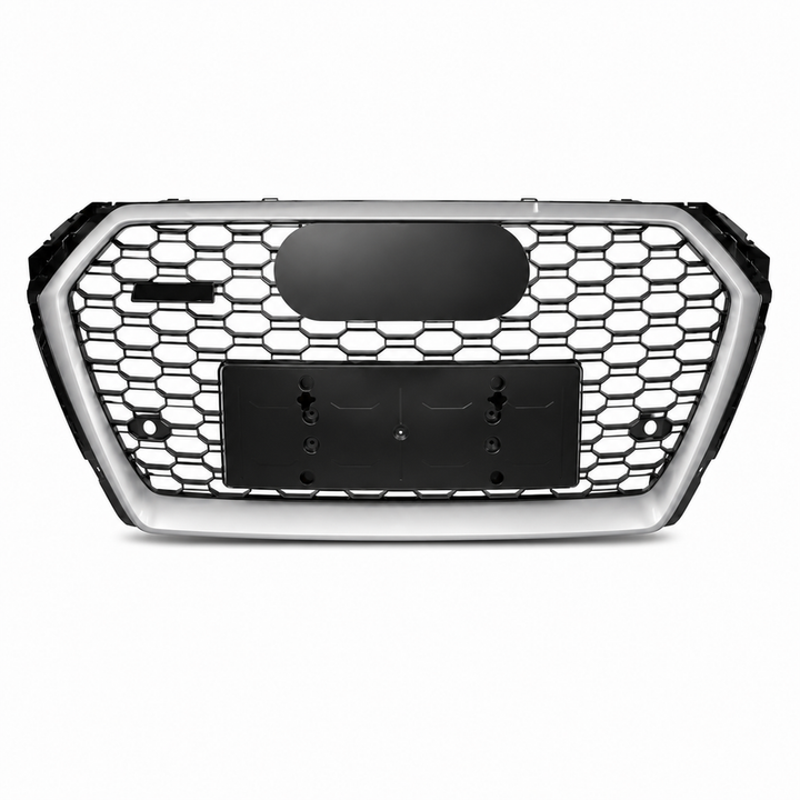 Car Craft Compatible With Audi A4 B9 2017-2020 Upgraded Front Bumper Show Grill Rs4 S4 Rs Sport Style Silver Frame Black Mesh All Logo Silver License Plate Eu Version A4-017 Gc