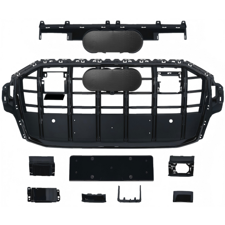 Car Craft Compatible With Audi Q7 2021-2023 Upgraded Front Bumper Show Grill Rsq7 Rs Sport With Acc Glossy Black Frame Black Strip All Logo Silver License Plate Eu Version Q7-003 Gc