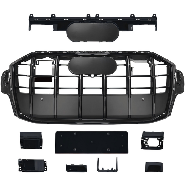 Car Craft Compatible With Audi Q7 2021-2023 Upgraded Front Bumper Show Grill Rsq7 Rs Sport With Acc Matte Black Frame Black Strip All Logo Silver License Plate Eu Version Q7-002 Gc