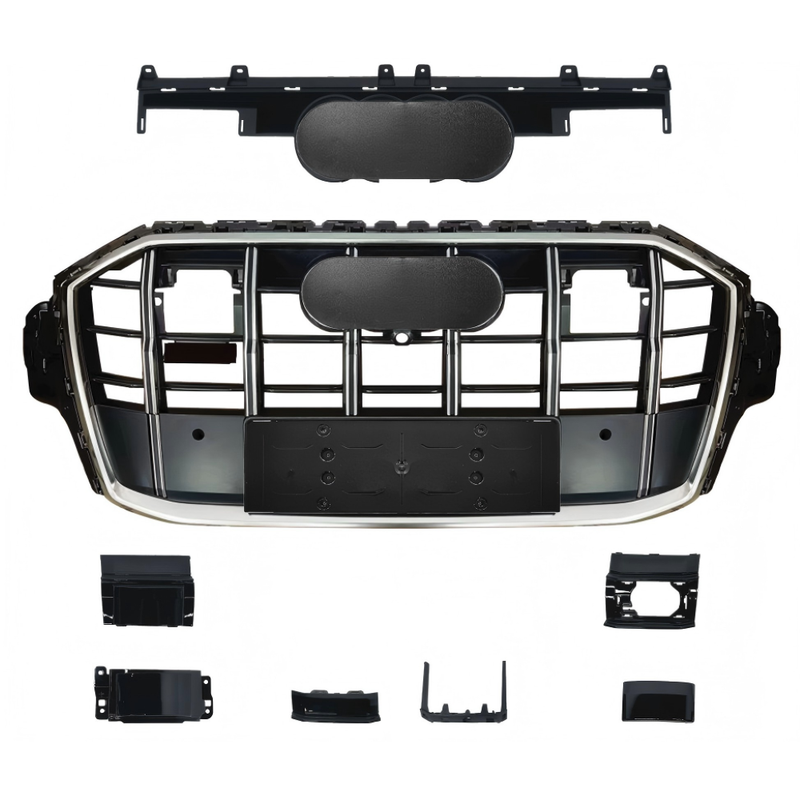 Car Craft Compatible With Audi Q7 2021-2023 Upgraded Front Bumper Show Grill Rsq7 Rs Sport With Acc Matte Black Frame Silver Strip All Logo Silver License Plate Eu Version Q7-001 Gc