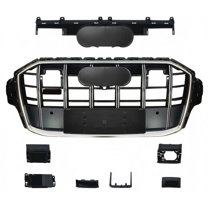 Car Craft Compatible With Audi Q7 2021-2023 Upgraded Front Bumper Show Grill Rsq7 Rs Sport With Acc Matte Black Frame Silver Strip All Logo Silver License Plate Eu Version Q7-001 Gc