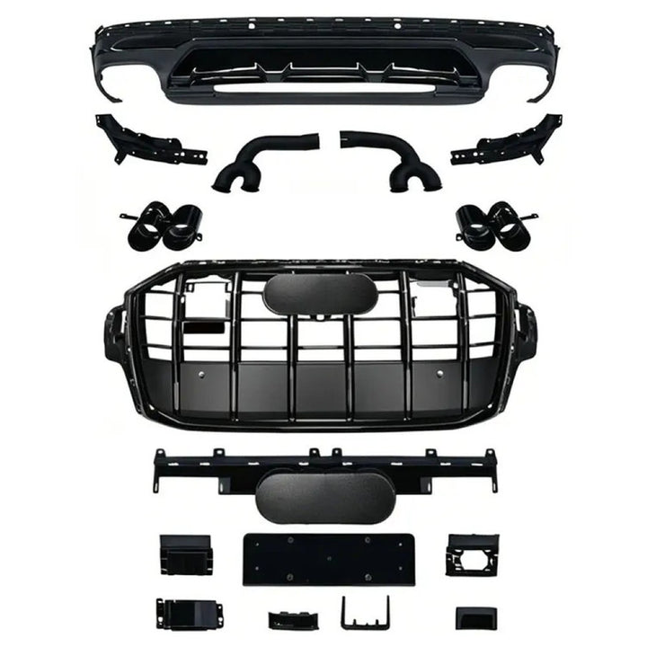 Car Craft Compatible With Audi Q7 2021-2023 Upgraded Rsq7 Sq7 Front Bumper Show Grill Rear After Lip Bumper Diffuser With Acc Glossy Black Frame Black Strip All Logo Silver Rear Lip Black Q7-005 Gc