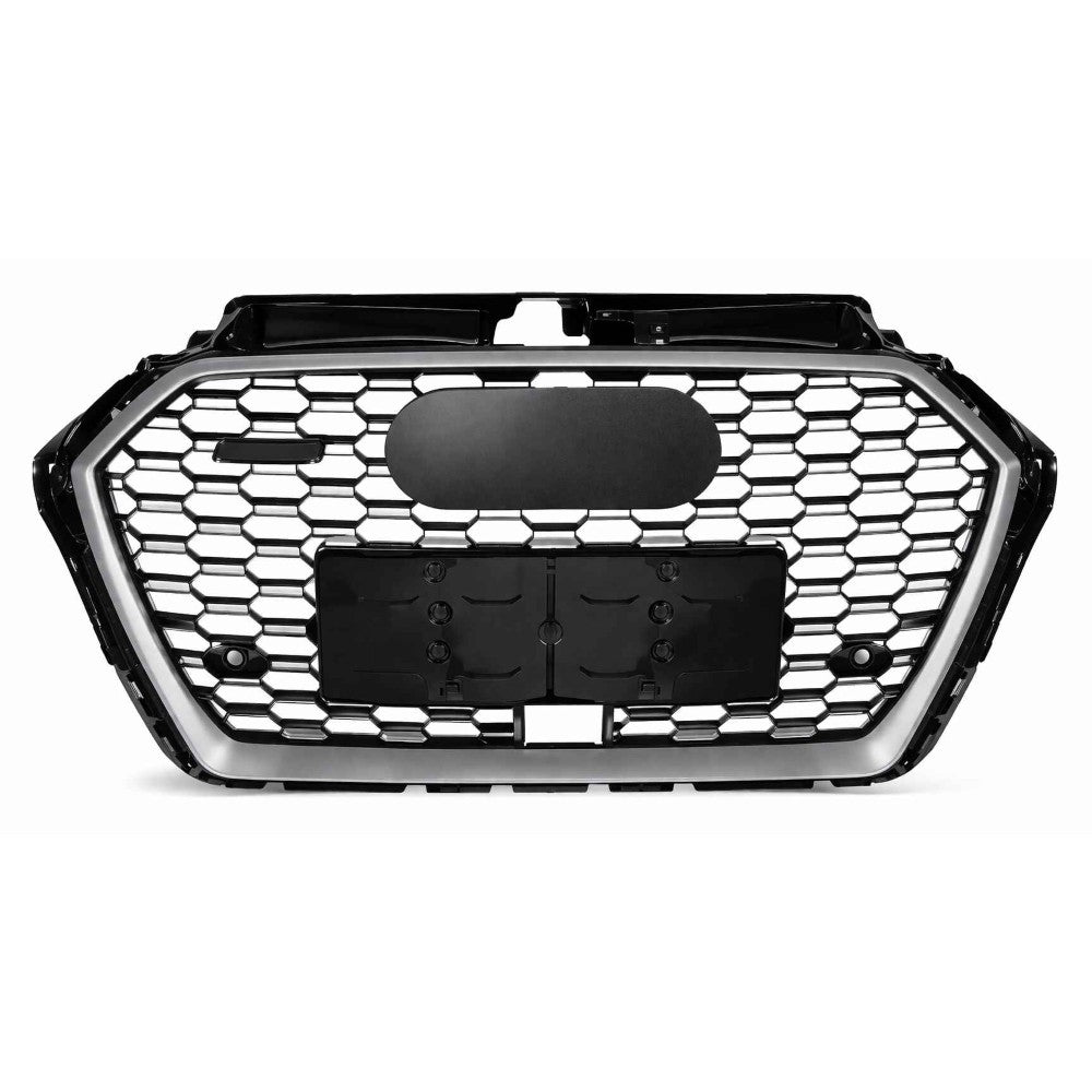 Car Craft Compatible With Audi A3 2017-2020 Upgraded Front Bumper Show Grill Rs3 S3 Rs Sport Style With Acc Silver Frame Black Mesh All Logo Silver A3-010 Gc - CAR CRAFT INDIA