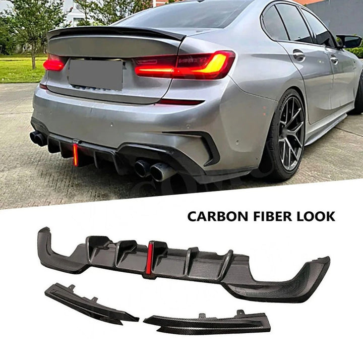 Car Craft Compatible With Bmw 3 Series G20 2019-2022 M Sport Rear Bumper Diffuser After Lip Splitter Skirs Vten Style With Light Carbon Fiber Look