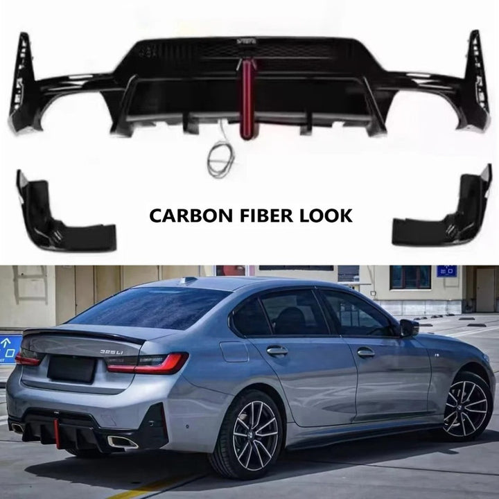 Car Craft Compatible With Bmw 3 Series G20 Lci 2023+ M Sport Rear Bumper Diffuser After Lip Splitter Skirs Vten Style With Light Carbon Fiber Look