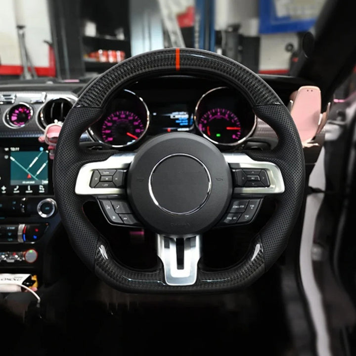 Car Craft Compatibel With Ford Mustang Gt Ecoboost Shelby 2015-2018 Sport Racing Steering Wheel Trim Cover Wheel Perforated Leather Carbon Fiber Core