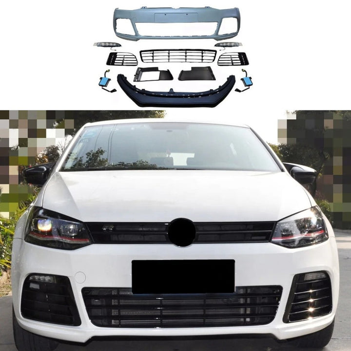 Car Craft Compatible With Vw Volkswagen Polo 2010-2024 Upgrade Facelift Convert To R Line Style Front Bumper Bodykit Fog Lamp Light Grill Mesh Front