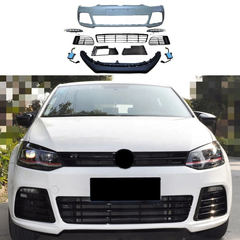 Car Craft Compatible With Vw Volkswagen Polo 2010-2024 Upgrade Facelift Convert To R Line Style Front Bumper Bodykit Fog Lamp Light Grill Mesh Front