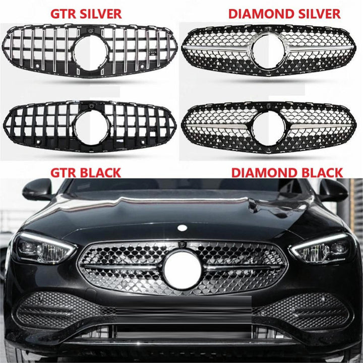 Car Craft Compatible With Mercedes Benz C Class W206 C206 2023 Upgraded Front Bumper Racing Mesh Show Grille With Camera Hole Diamond Silver