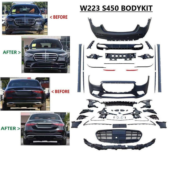 Car Craft Compatible With Mercedes Benz S Class W223 2021-2025 Car Upgrade To S450 Amg Bumper Bodykit Front After Lip Diffuser Exhaust Tips Fog Gril Cover Grill