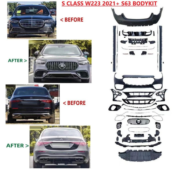 Car Craft Compatible With Mercedes Benz S Class W223 2021-2025 Car Upgrade To S63 Amg Bumper Bodykit Front After Lip Diffuser Exhaust Tips Fog Gril Cover Grill