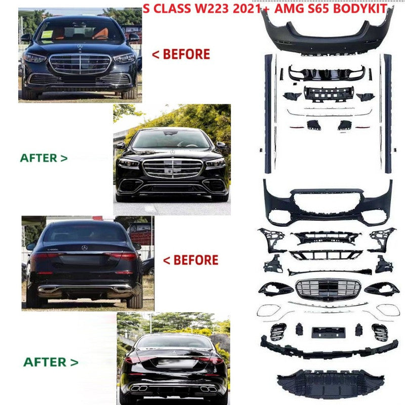 Car Craft Compatible With Mercedes Benz S Class W223 2021-2025 Car Upgrade To S65 Amg Bumper Bodykit Front After Lip Diffuser Exhaust Tips Fog Gril Cover Grill