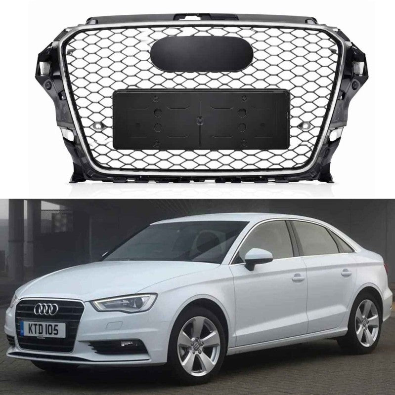Car Craft Compatible With Audi A3 2014-2016 Upgraded Front Bumper Show Grill Rs3 S3 Rs Sport Style Silver Frame Black Mesh All Logo Silver A3-001 Gc - CAR CRAFT INDIA