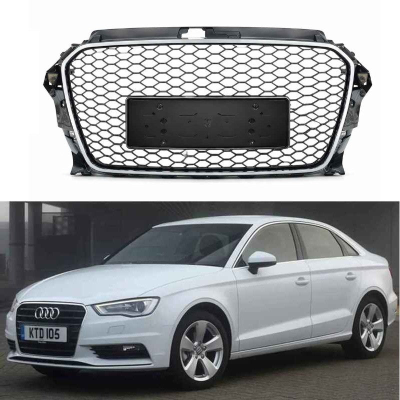 Car Craft Compatible With Audi A3 2014-2016 Upgraded Front Bumper Show Grill Rs3 S3 Rs Sport Style Silver Frame Black Mesh No Logo A3-007 Gc - CAR CRAFT INDIA