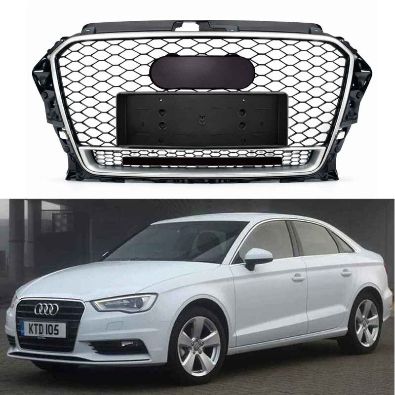 Car Craft Compatible With Audi A3 2014-2016 Upgraded Front Bumper Show Grill Rs3 S3 Rs Sport Style Silver Frame Black Mesh All Logo Silver Quattro A3-004 Gc - CAR CRAFT INDIA