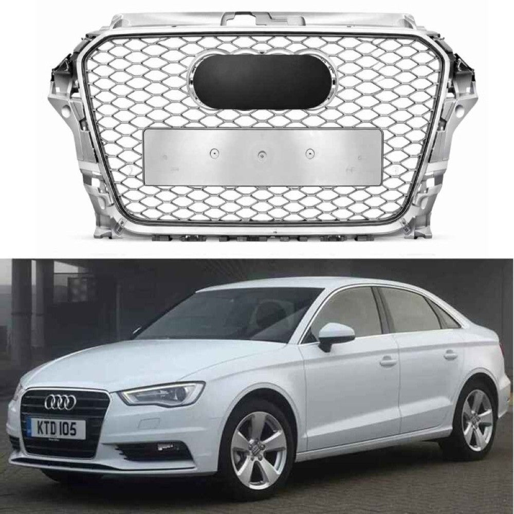 Car Craft Compatible With Audi A3 2014-2016 Upgraded Front Bumper Show Grill Rs3 S3 Rs Sport Style Silver Frame Silver Mesh All Logo Silver A3-003 Gc - CAR CRAFT INDIA