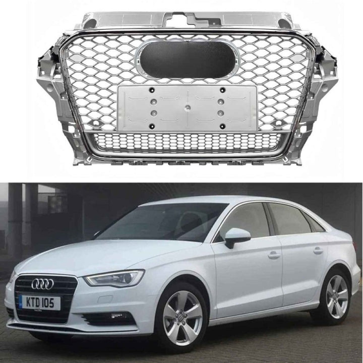 Car Craft Compatible With Audi A3 2014-2016 Upgraded Front Bumper Show Grill Rs3 S3 Rs Sport Style Silver Frame Silver Mesh All Logo Silver Quattro A3-006 Gc - CAR CRAFT INDIA