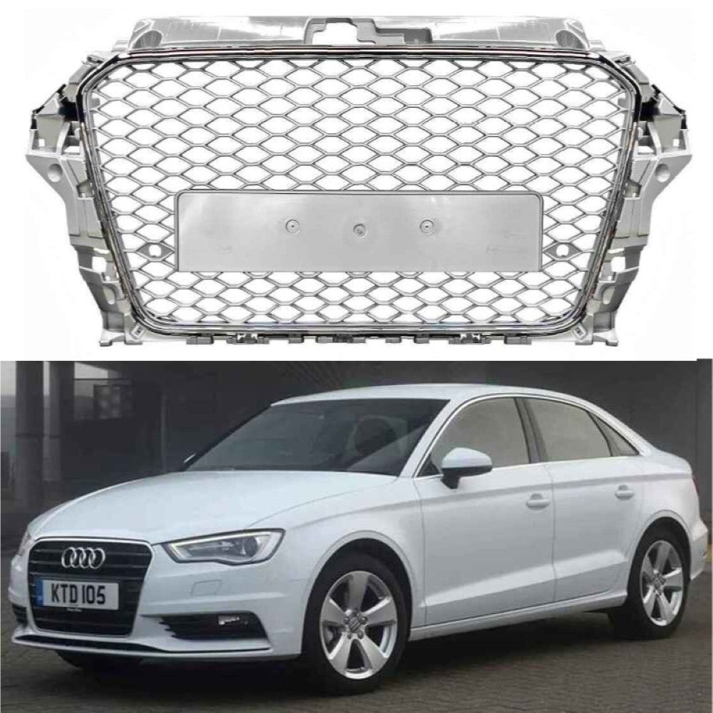 Car Craft Compatible With Audi A3 2014-2016 Upgraded Front Bumper Show Grill Rs3 S3 Rs Sport Style Silver Frame Silver Mesh No Logo A3-009 Gc - CAR CRAFT INDIA