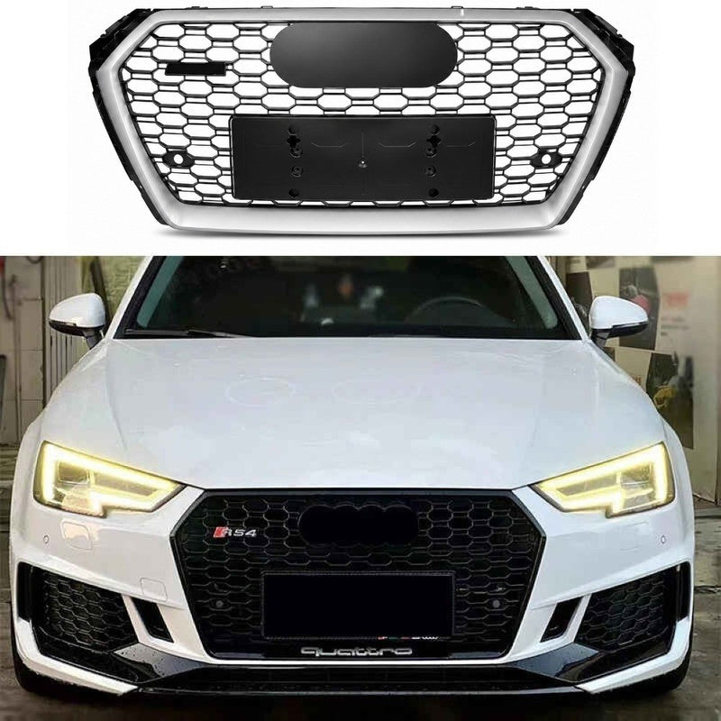 Car Craft Compatible With Audi A4 B9 2017-2020 Upgraded Front Bumper Show Grill Rs4 S4 Rs Sport Style Silver Frame Black Mesh All Logo Silver License Plate Eu Version A4-017 Gc