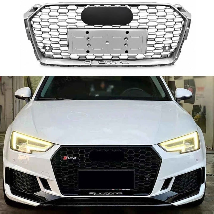 Car Craft Compatible With Audi A4 B9 2017-2020 Upgraded Front Bumper Show Grill Rs4 S4 Rs Sport Style Silver Frame Silver Mesh All Logo Silver License Plate Eu Version A4-073 Gc