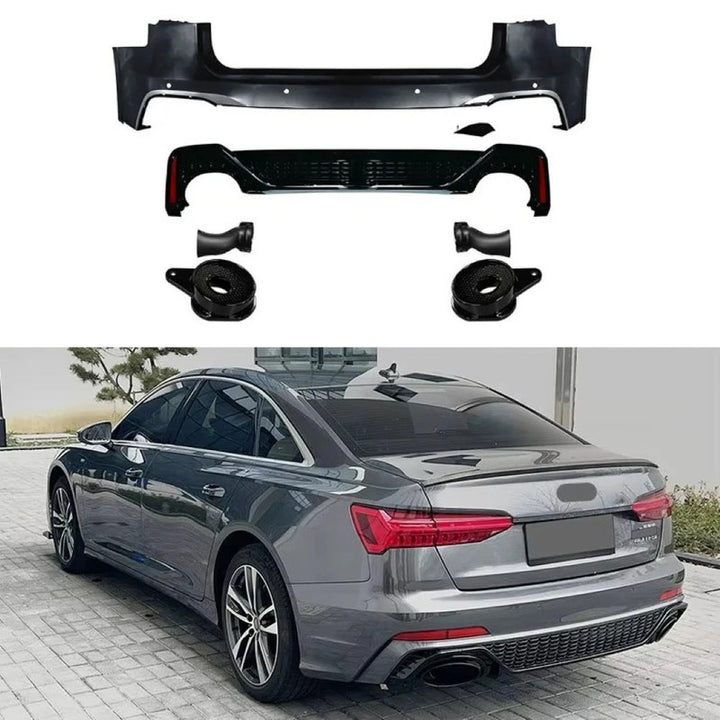 Car Craft Compatible With Audi A6 C8 2019-2024 Upgrade Facelift Convert To Rs6 Bodykit Rear Bumper Trim Skirt Exhaust Pipe Tip After Rear Lip Diffuser Rsu