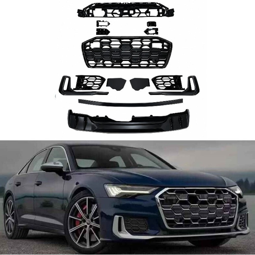 Car Craft Compatible With Audi A6 C8 2019-2025 Upgraded Facelift Convert To Rs6 S6 Sport Bodykit Front Grill Lip Fog Grill Diffuser Lip Skirt Trim Black Grille Acc Style All Logo Silver A6-103 Gc
