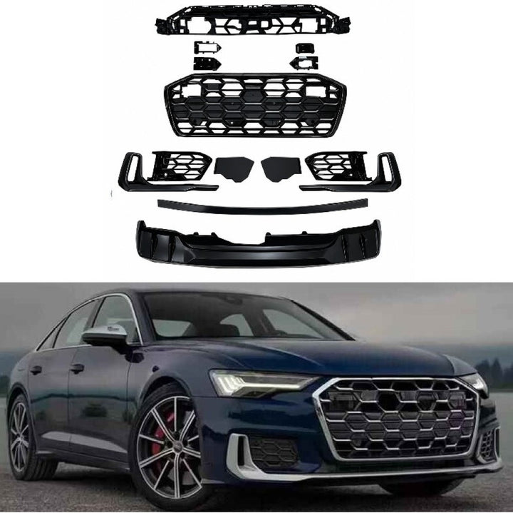 Car Craft Compatible With Audi A6 C8 2019-2025 Upgraded Facelift Convert To Rs6 S6 Sport Bodykit Front Grill Lip Fog Grill Diffuser Lip Skirt Trim Black Grille Acc Style All Logo Silver A6-103 Gc