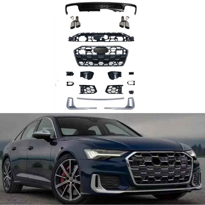 Car Craft Compatible With Audi A6 C8 2019-2025 Upgraded Facelift Convert To S6 Sport Bodykit Front Grill Lip Fog Grill Diffuser Lip Skirt Trim Exhaust Pipe Tip Silvery Grille Acc Style All Logo Silver A6-104 Gc