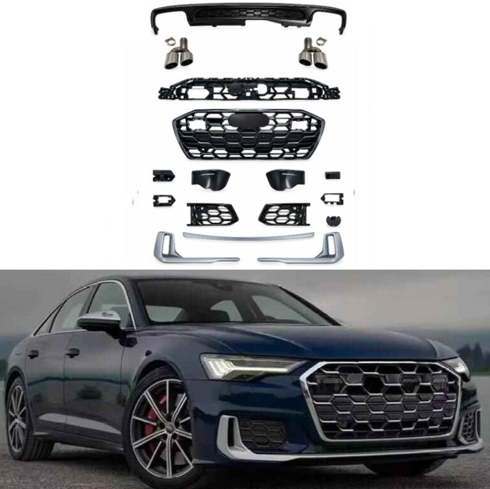 Car Craft Compatible With Audi A6 C8 2019-2025 Upgraded Facelift Convert To S6 Sport Bodykit Front Grill Lip Fog Grill Diffuser Lip Skirt Trim Exhaust Pipe Tip Black Grille Acc Style All Logo Silver A6-105 Gc