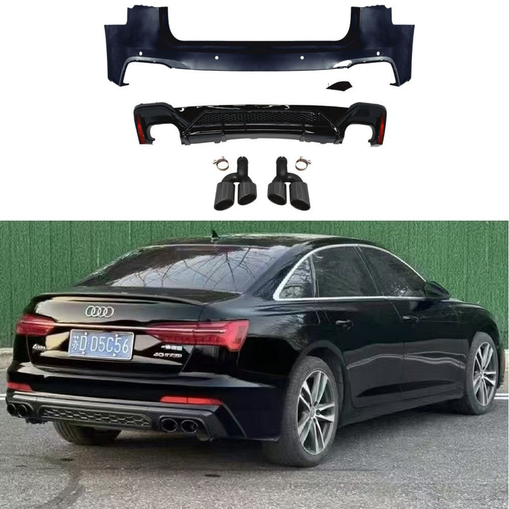 Car Craft Compatible With Audi A6 C8 2019-2025 Upgraded Facelift Convert To S6 Sport Bodykit Rear Bumper After Diffuser Lip Skirt Trim Exhaust Pipe Tip Black A6-043 Gc