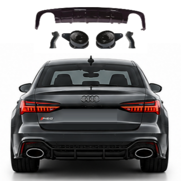Car Craft Compatible With Audi A6 C8 2019-2025 Rs6 Bumper Rear After Lip Diffuser With Exhust Pipe Tip Glossy Black Diamond Stainless Steel A6-063 Gc