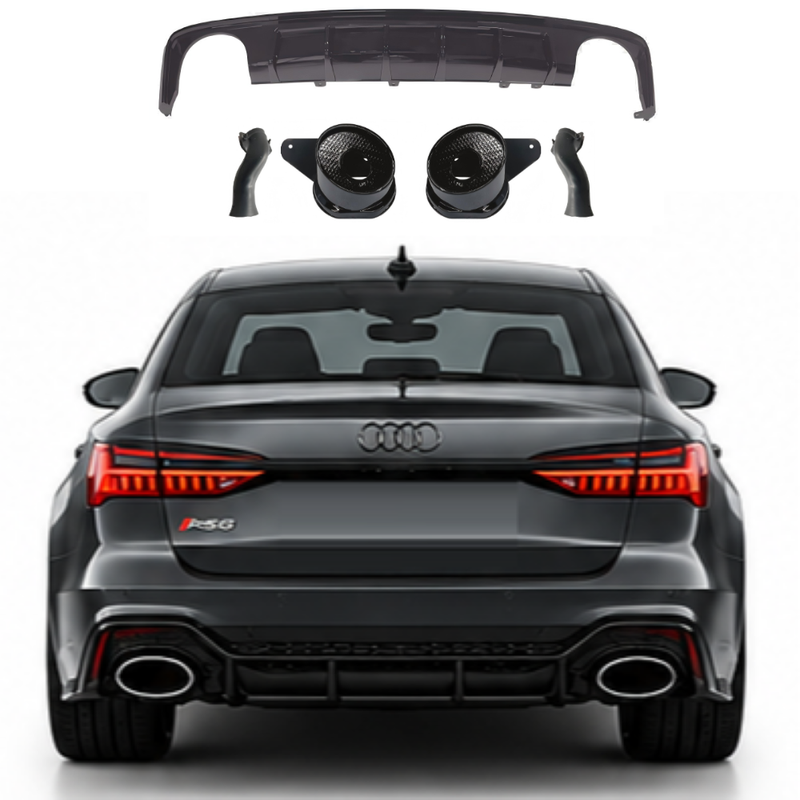 Car Craft Compatible With Audi A6 C8 2019-2025 Rs6 Bumper Rear After Lip Diffuser With Exhust Pipe Tip Matte Black Diamond Stainless Steel A6-064 Gc