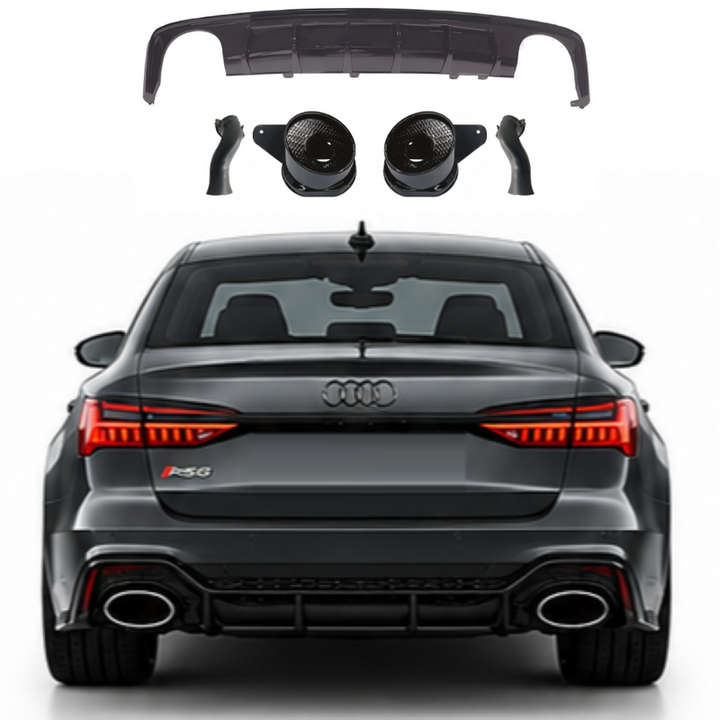 Car Craft Compatible With Audi A6 C8 2019-2025 Rs6 Bumper Rear After Lip Diffuser With Exhust Pipe Tip Matte Black Diamond Stainless Steel A6-064 Gc