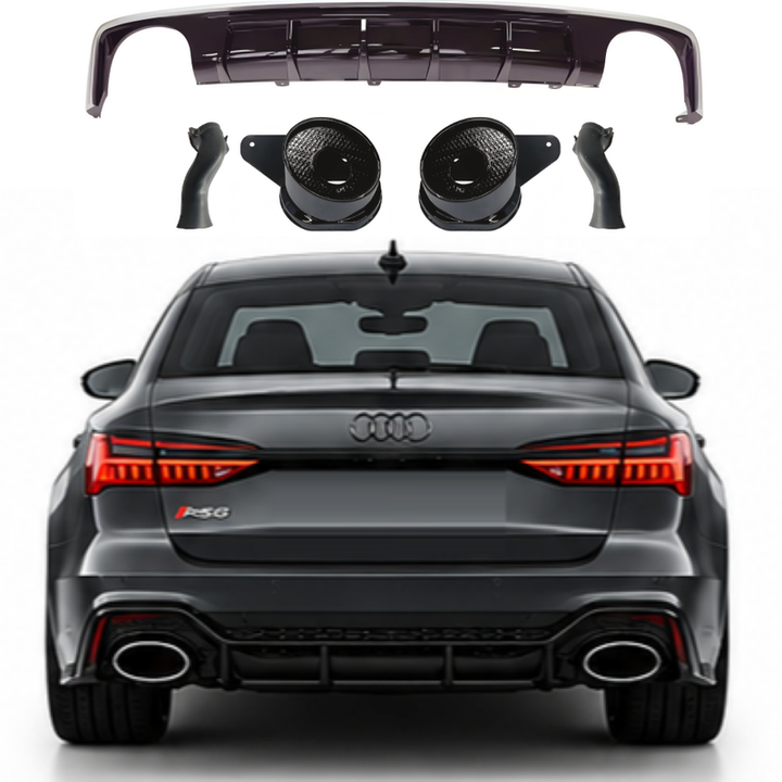 Car Craft Compatible With Audi A6 C8 2019-2025 Rs6 Bumper Rear After Lip Diffuser With Exhust Pipe Tip Silver Diamond Stainless Steel A6-066 Gc