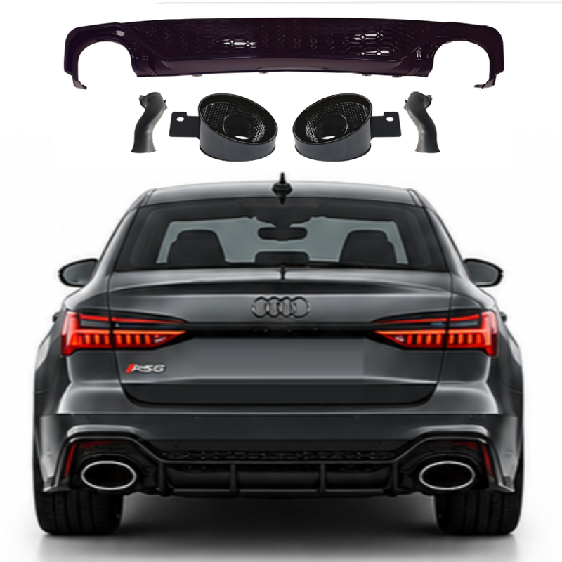 Car Craft Compatible With Audi A6 C8 2019-2025 Rs6 Bumper Rear After Lip Diffuser With Exhust Pipe Tip Honeyconb Black Diamond Stainless Steel A6-071 Gc