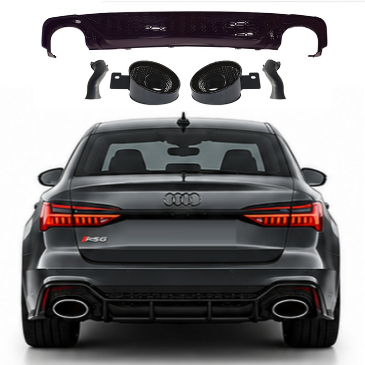 Car Craft Compatible With Audi A6 C8 2019-2025 Rs6 Bumper Rear After Lip Diffuser With Exhust Pipe Tip Honeyconb Black Diamond Stainless Steel A6-071 Gc