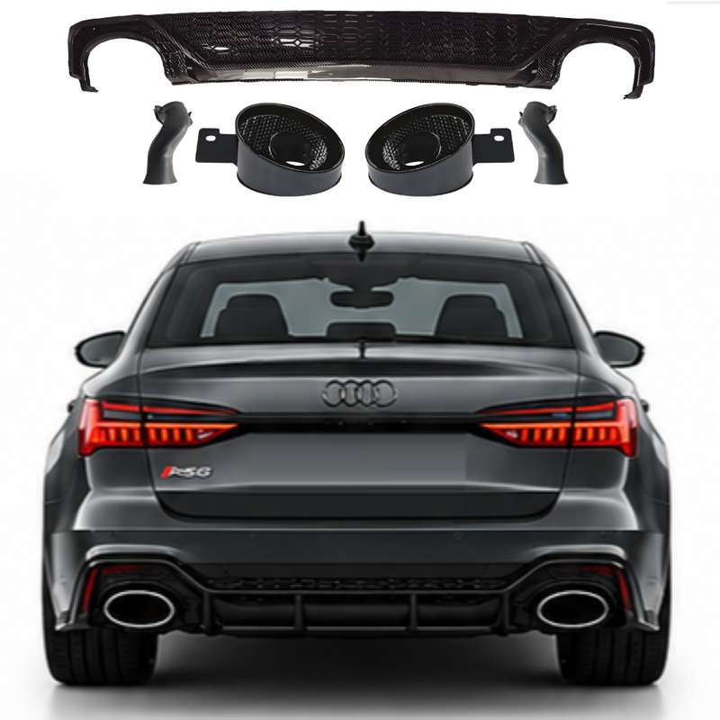 Car Craft Compatible With Audi A6 C8 2019-2025 Rs6 Bumper Rear After Lip Diffuser With Exhust Pipe Tip Honeyconb Water Transfer Printing Diamond Stainless Steel A6-072 Gc