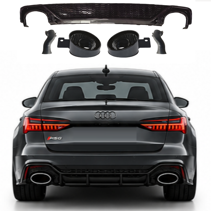 Car Craft Compatible With Audi A6 C8 2019-2025 Rs6 Bumper Rear After Lip Diffuser With Exhust Pipe Tip Honeyconb Water Transfer Printing Diamond Stainless Steel A6-072 Gc