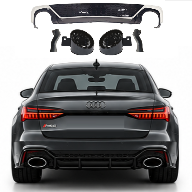 Car Craft Compatible With Audi A6 C8 2019-2025 Rs6 Bumper Rear After Lip Diffuser With Exhust Pipe Tip Honeyconb Silver Diamond Stainless Steel A6-073 Gc