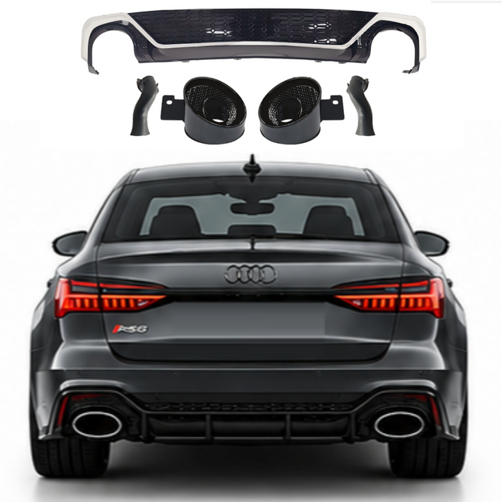 Car Craft Compatible With Audi A6 C8 2019-2025 Rs6 Bumper Rear After Lip Diffuser With Exhust Pipe Tip Honeyconb Silver Diamond Stainless Steel A6-073 Gc