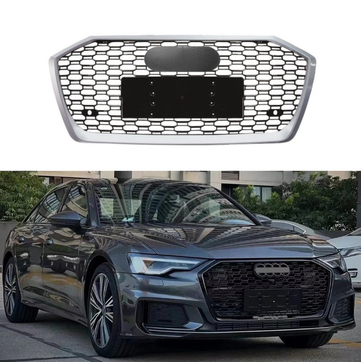 Car Craft Compatible With Audi A6 C8 2019-2025 Upgraded Front Bumper Show Grill Rs6 S6 Rs Sport Silver Frame Black Mesh All Logo Silver License Plate Eu Version A6-020 Gc CC-11299