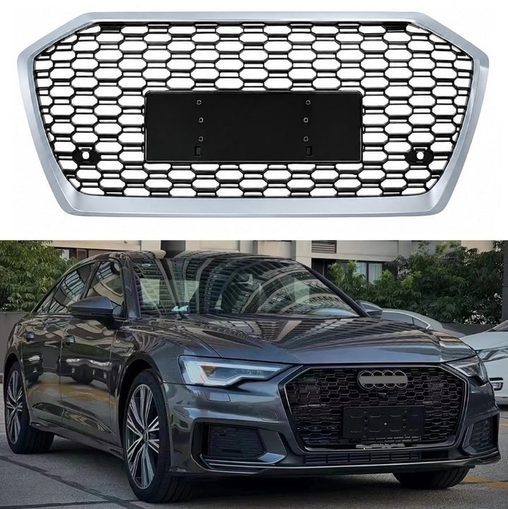 Car Craft Compatible With Audi A6 C8 2019-2025 Upgraded Front Bumper Show Grill Rs6 S6 Rs Sport Silver Frame Black Mesh No Logo License Plate Eu Version A6-022 Gc CC-11302