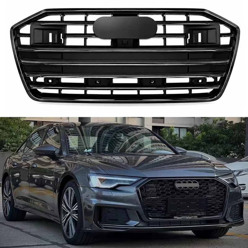 Car Craft Compatible With Audi A6 C8 2019-2025 Upgraded Front Bumper Show Grill Rs6 S6 Rs Sport Electroplating Frame Silver Strip With Acc All Logo Silver License Plate Eu Version A6-024 Gc CC-11306